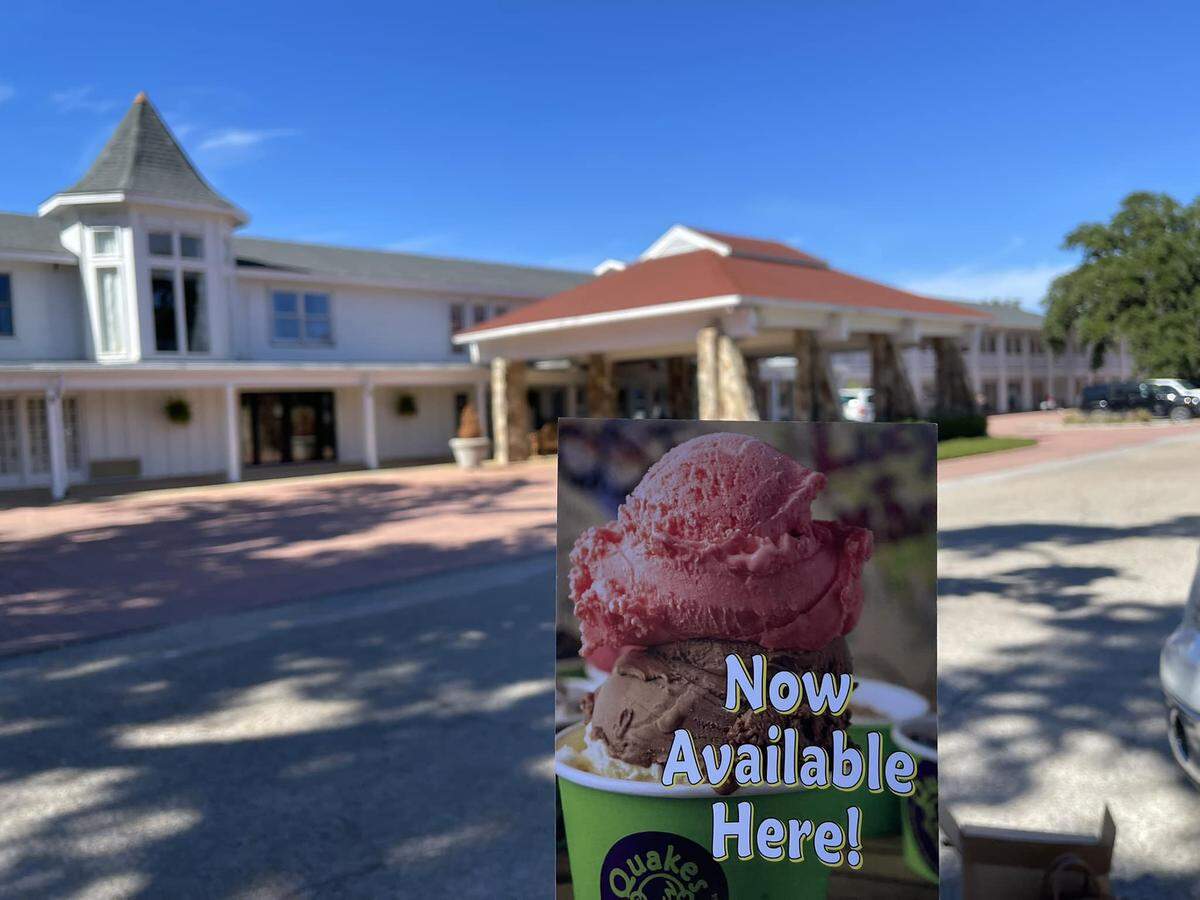 A Quakes sold here sign shows the collaboration between Gulf Hills Hotel & Resort and Quakes Ice Creamery in Ocean Springs.