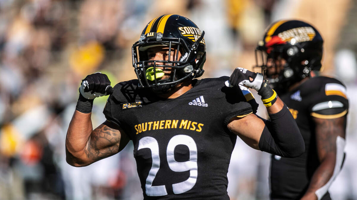 Camron Harrell celebrates during the game against the University of Alabama-Birmingham Blazers at M.M. Roberts Stadium in Hattiesburg on Saturday, Oct. 16, 2021.