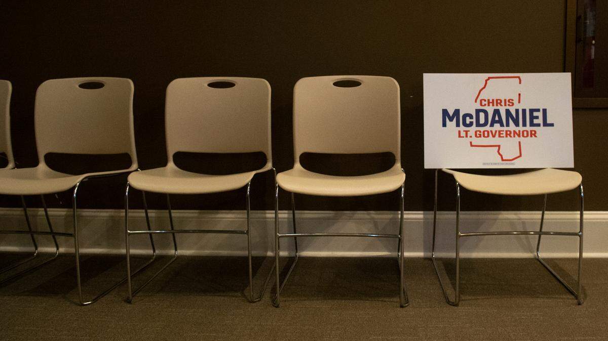 A campaign sign rests on a chair during a watch party for Chris McDaniel, a candidate for Mississippi Lieutenant Governor, at the Biloxi Visitor Center in Biloxi on Tuesday, Aug. 8, 2023.