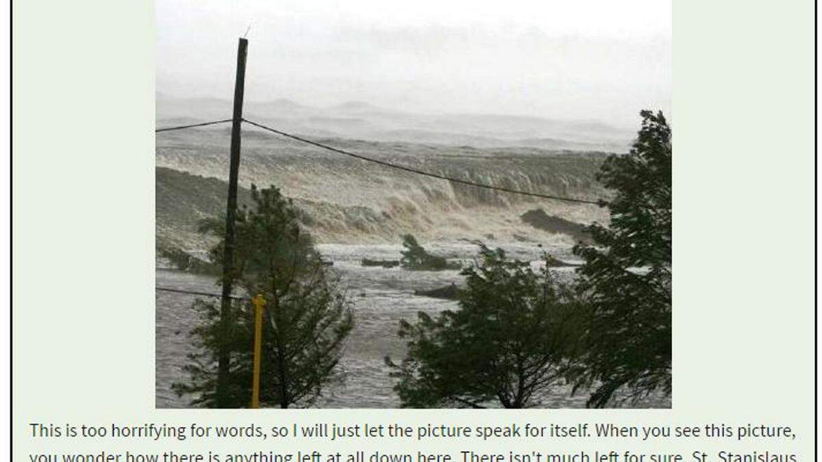 COURTESY SNOPES.COM 
 A photo circulating on Facebook claiming to be Hurricane Katrina storm surge crashing into St. Stanislaus is actually a levee breach in New Orleans.