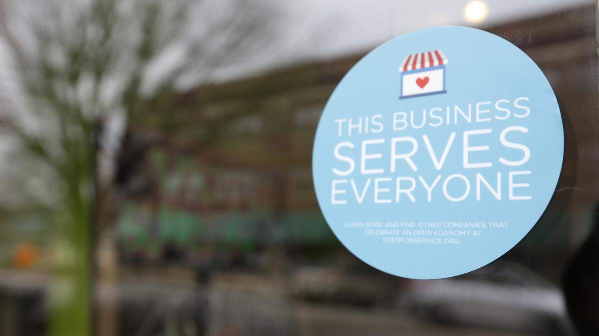 MICHAEL CONROY/ASSOCIATED PRESSA window sticker on a downtown Indianapolis business last year shows its objection to the Religious Freedom bill passed by the Indiana Legislature.