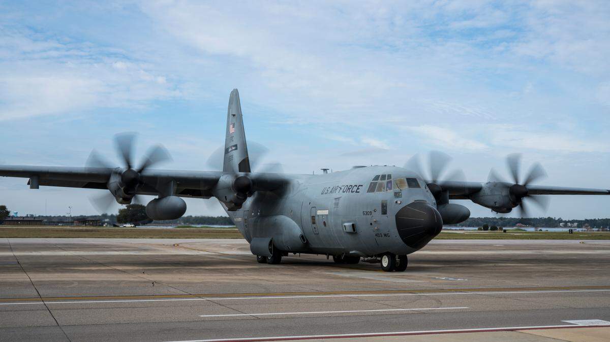 A WC-130J Super Hercules aircraft from the 53rd Weather Reconnaissance Squadron prepares to taxi to the runway at Keesler Air Force Base, Miss., Jan. 22. The Hurricane Hunters departed Keesler for Travis Air Force Base, Calif., to preposition for their atmospheric river storm mission planned for Jan. 23.