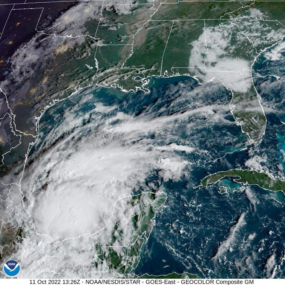 The satellite image shows a broad area of showers and thunderstorms in the southwestern Gulf that has a 60% chance of tropical formation over the next day or two.
