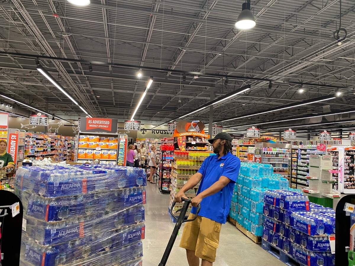 There’s plenty of water in stock at Rouses Market in Gulfport Wednesday, as locals prepare for Hurricane Francine. The Rouses Market at Gulfport, Ocean Springs and Diamondhead will close temporarily ahead of the storm.