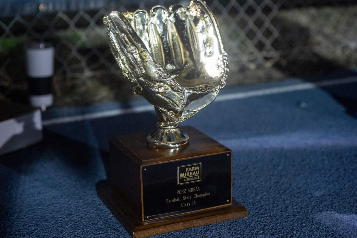 The 2022 Class 1A MSHAA Baseball State Championship trophy, won by Resurrection Baseball, on display during a Resurrection football game at Gautier High School in Gautier on Friday, Oct. 14, 2022.