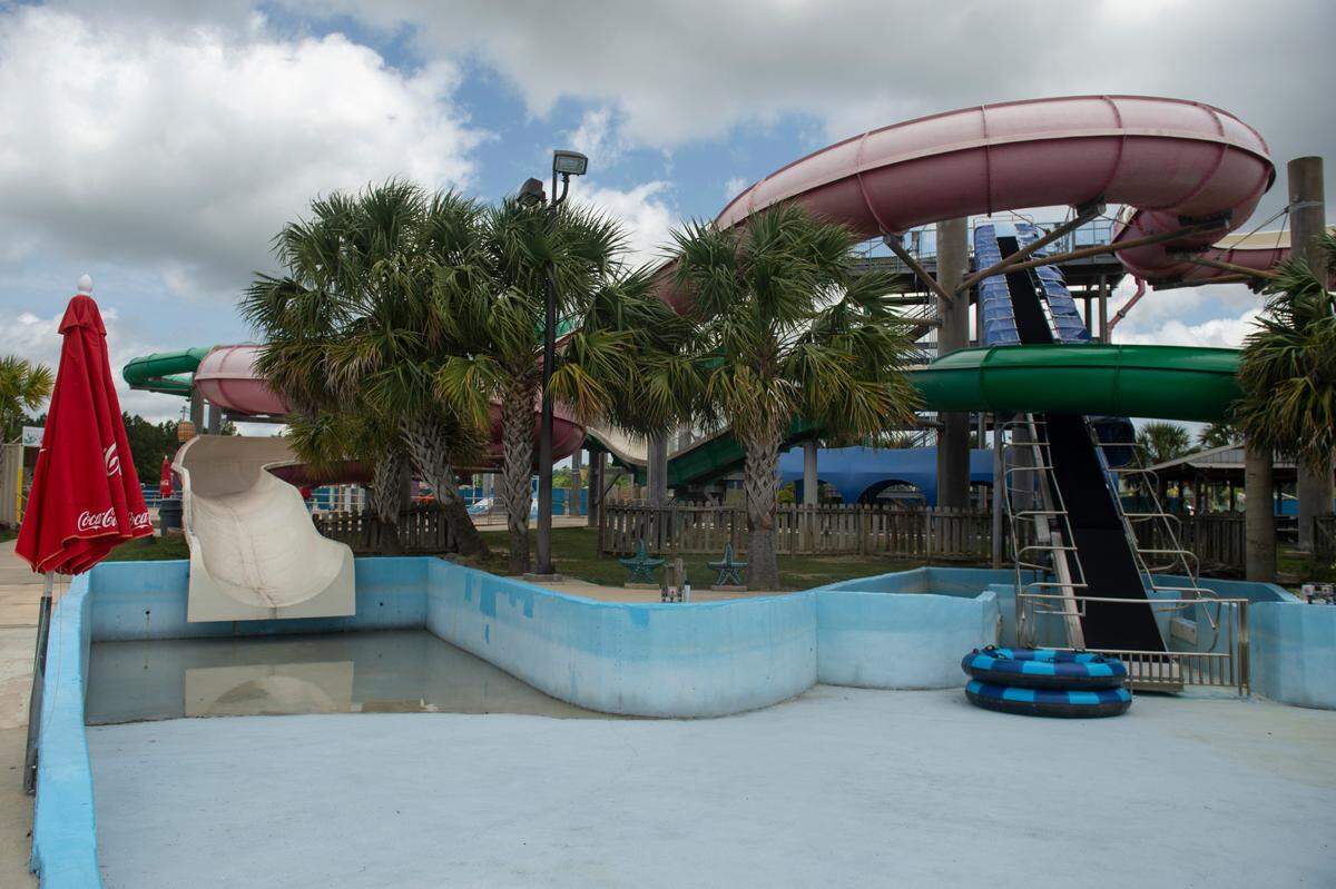 The Camille Cutter and Horn Island Blaster waterslides at Gulf Islands Waterpark in Gulfport on Thursday, May 15, 2025. The slides will have water when the park reopens for the summer on May 17.