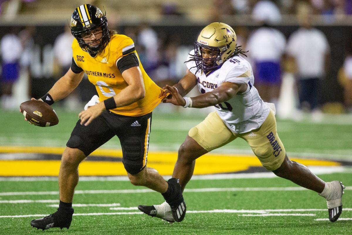 Southern Miss Golden Eagles quarterback Holman Edwards (9) during a Southern Miss game at M.M. Roberts Stadium in Hattiesburg on Saturday, Sept. 2, 2023.