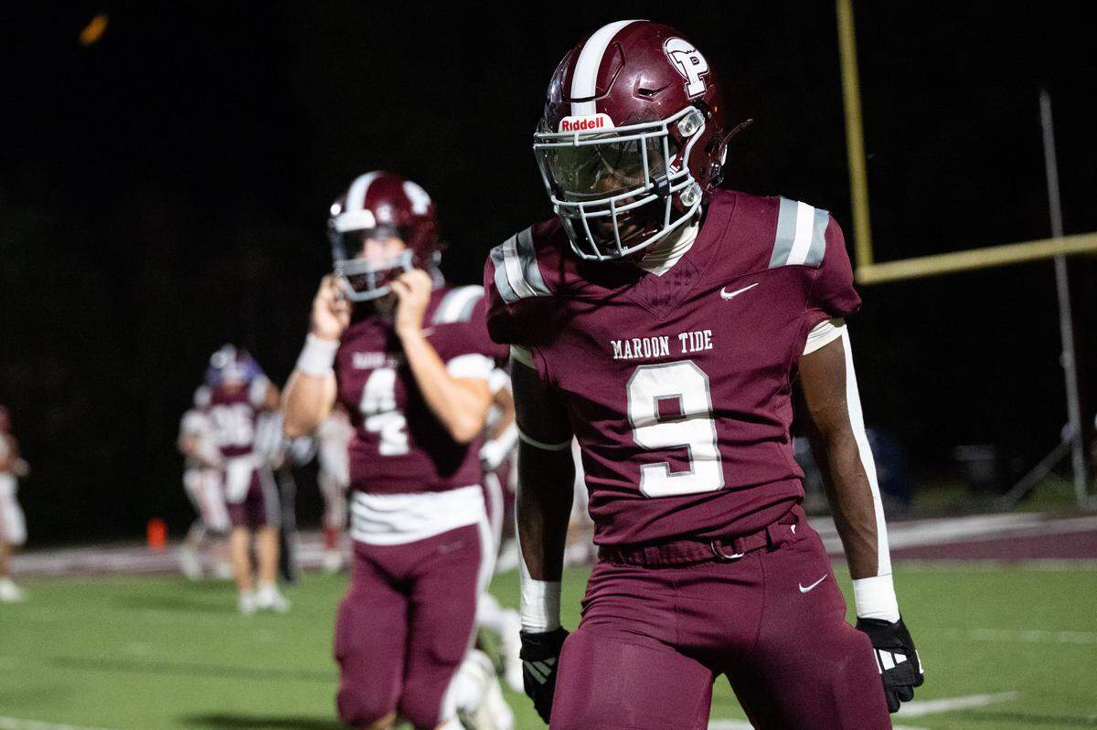 Picayune running back Xavier Dennis (9) celebrates a touchdown during a football game at Picayune Memorial High School on Friday, Nov. 21, 2025.