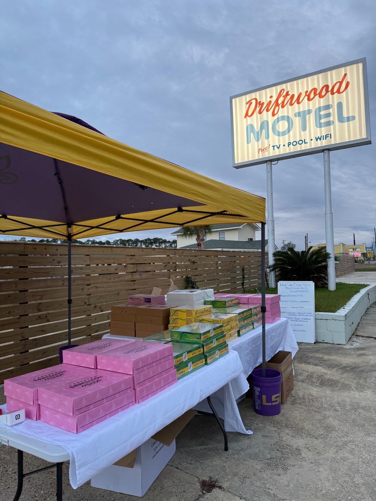 The King Cake Drive-Thru set up outside the Driftwood Motel in Bay St. Louis on Wednesday, Jan. 15, 2025.