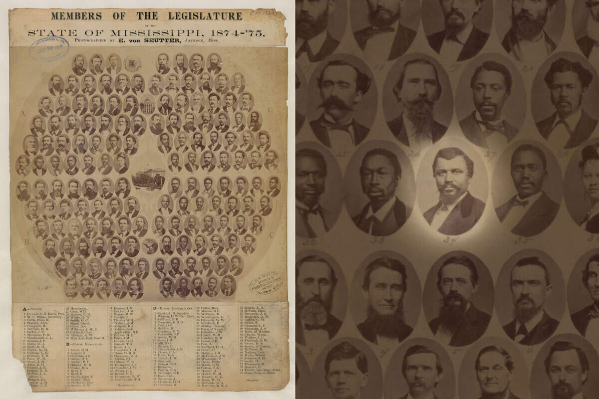 Charles Caldwell, one of 16 Black delegates at the state’s post-war constitutional convention in 1868, pictured within a montage of the Mississippi Legislature in 1875. Caldwell was assassinated in 1875 part of “the Mississippi Plan” to maintain White political control.