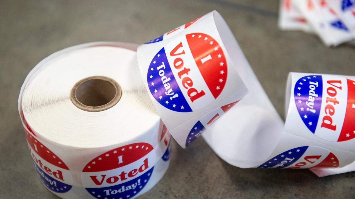 Voting stickers at Hancock County Library in Bay St. Louis, a voting precinct, on Election Day, Tuesday, Nov. 7, 2023.