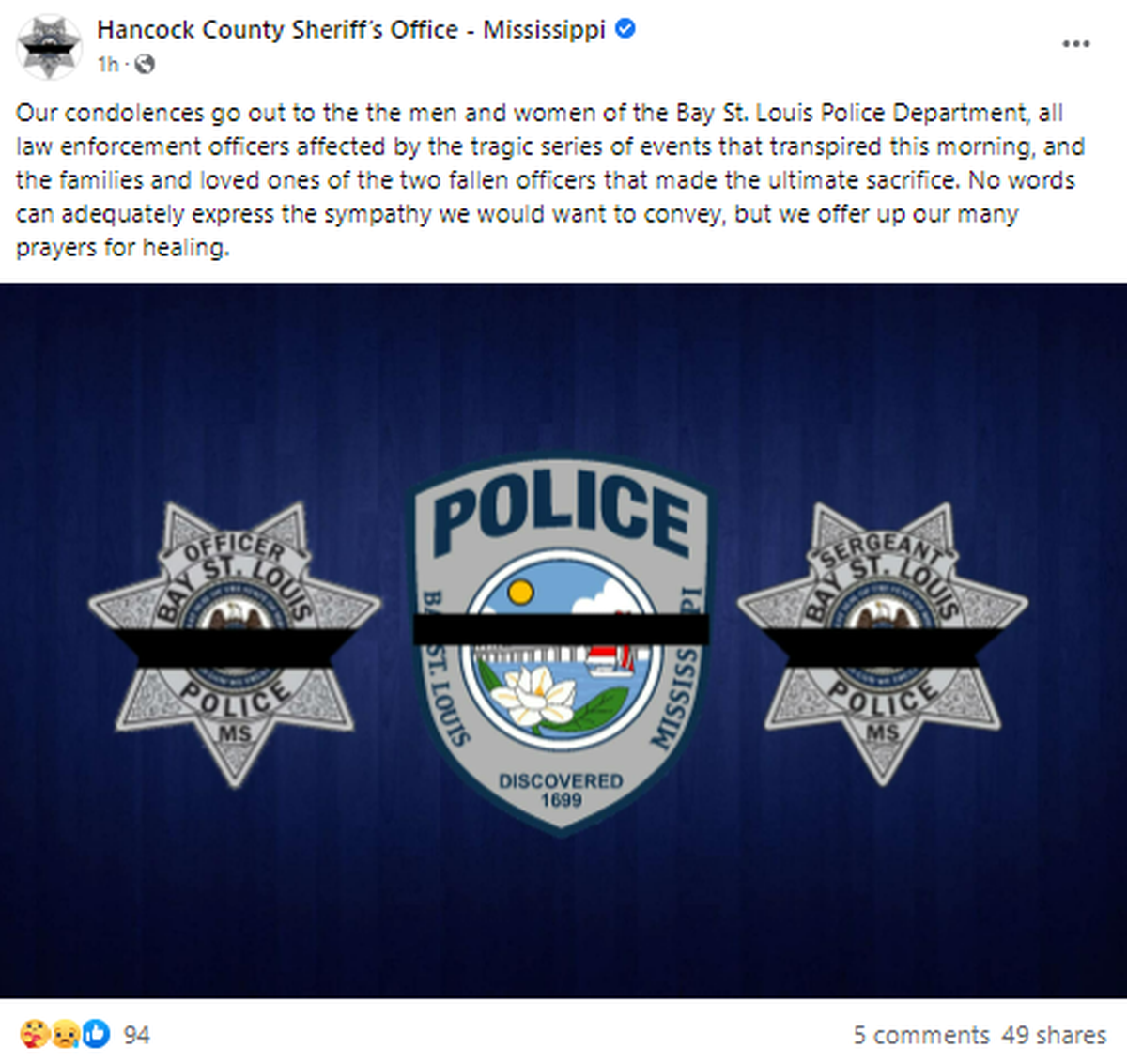 In a post on their Facebook page, the Hancock County Sheriff’s Office expresses condolences.