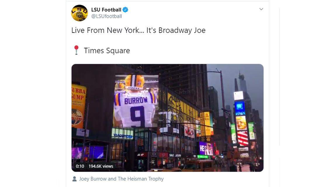 LSU puts ‘Broadway Joe Burrow’ on Times Square billboards ahead of Heisman ceremony