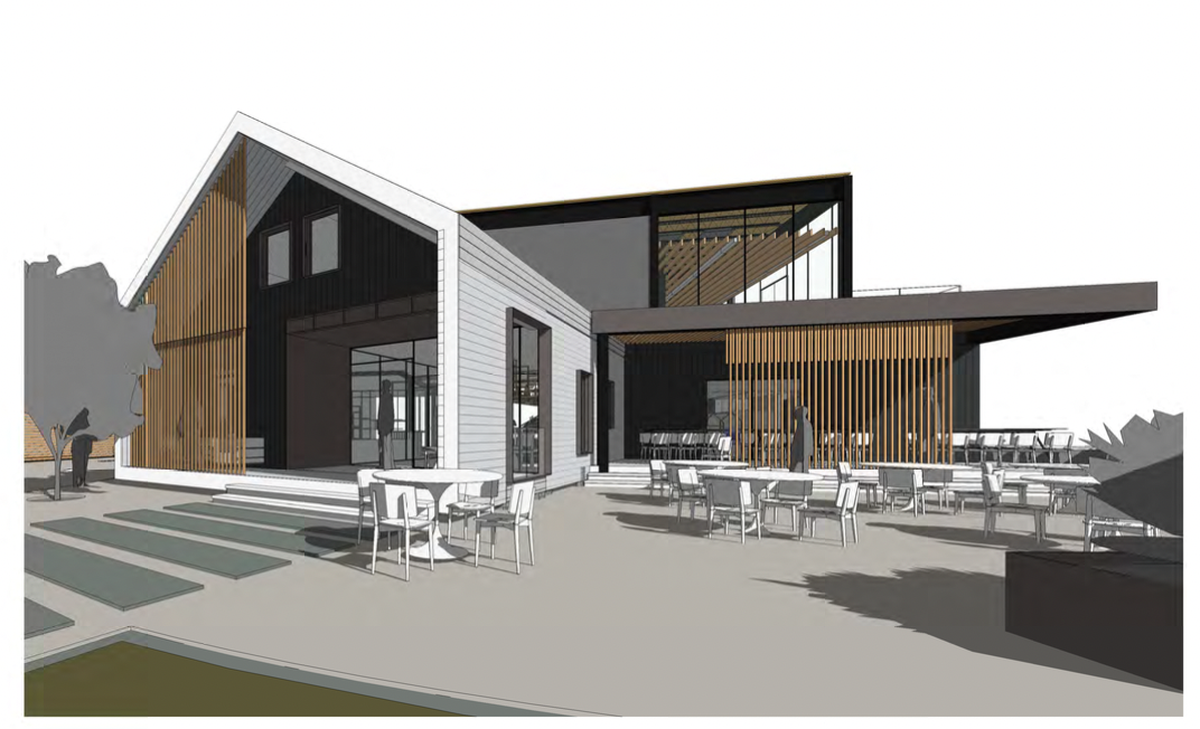 A rendering shows a street view of The Collective, which will b home to a fusion restaurant of Japanese cuisine and Gulf Coast ingredients, along with a wine shop and book store.