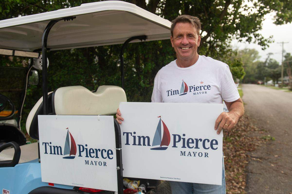Tim Pierce, a candidate for mayor of Long Beach, poses outside a polling location at First United Methodist Church in Long Beach during the municipal primary election on Tuesday, April 1, 2025.