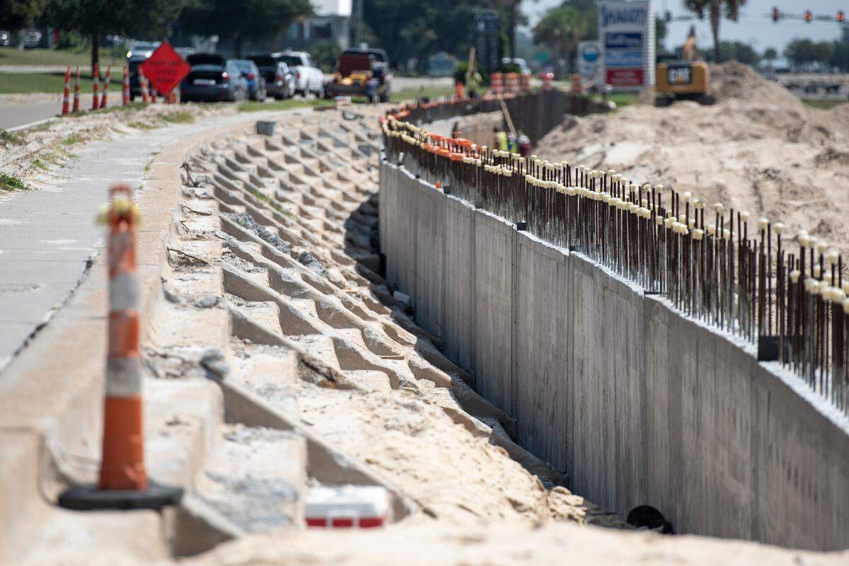 Partially completed construction on a new boardwalk and seawall being built on top of the old seawall on Highway 90 in Pass Christian on Wednesday, Aug. 21, 2024.