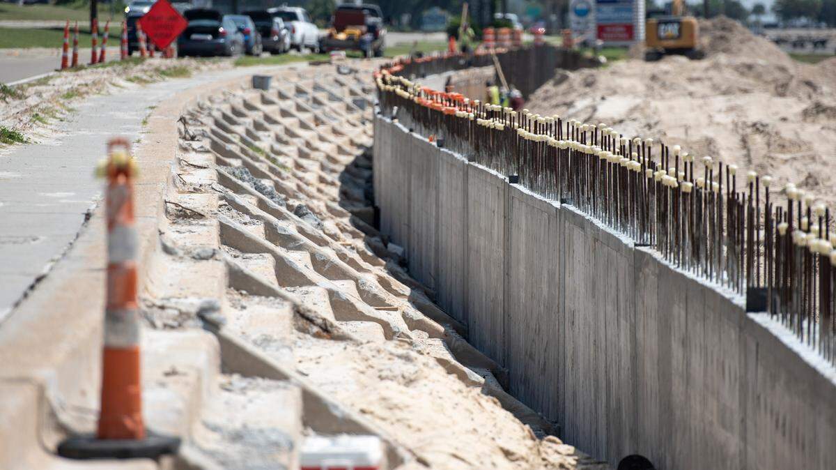 Partially completed construction on a new boardwalk and seawall being built on top of the old seawall on Highway 90 in Pass Christian on Wednesday, Aug. 21, 2024.