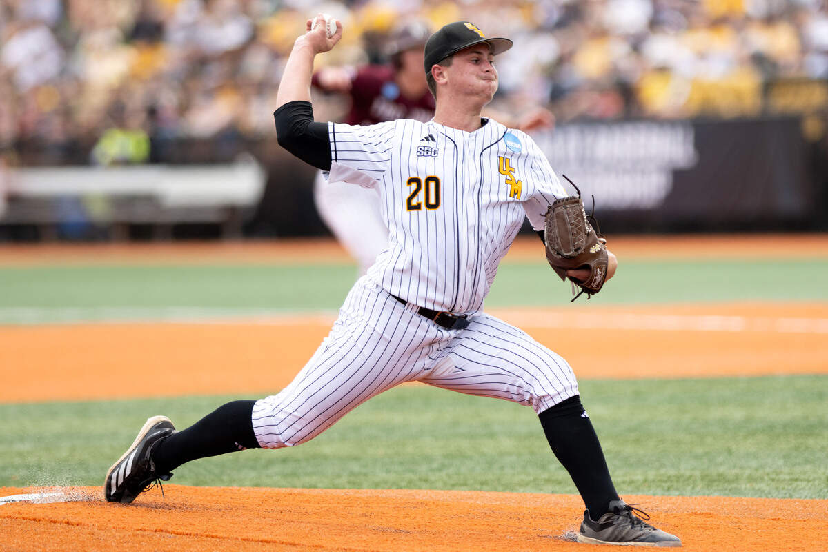 Southern Miss right-handed pitcher Camden Clark (20) delivers a pitch during an NCAA Regional game in Hattiesburg on May 29.