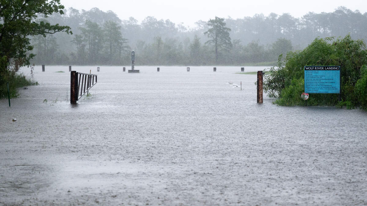 Wolf River Landing is overflowed with water during a rainstorm on Thursday.