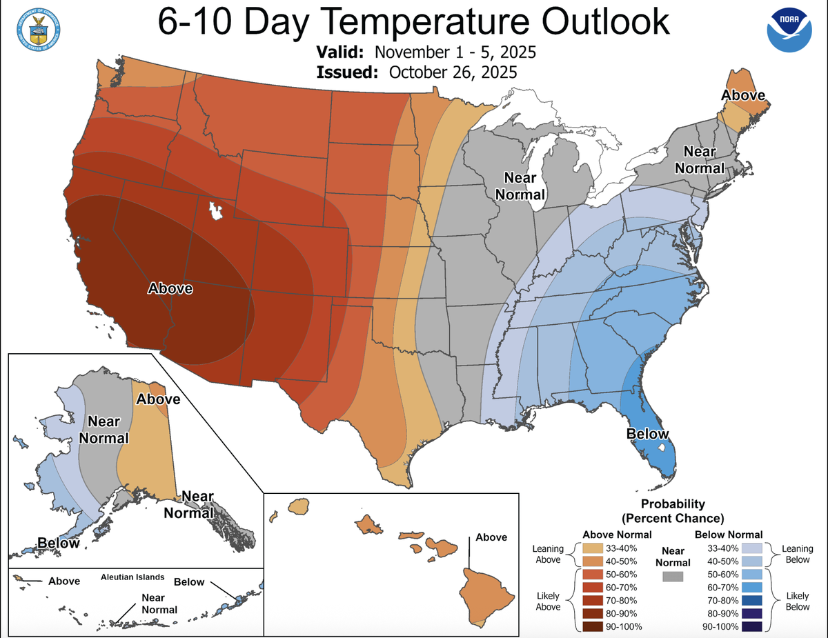Forecasters are predicting temperatures across Mississippi will fall below normal over the next six to 10 days. On the Mississippi Coast, there is a 40 to 50 percent chance temperatures will be cooler than usual.