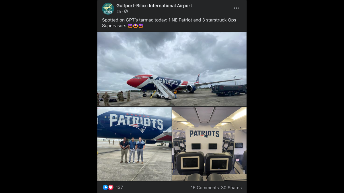 The plane of the New England Patriots NFL football team landed Friday at the Gulfport-Biloxi International Airport.