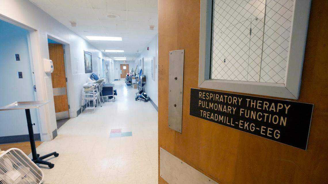 Unused equipment lines the hallway of the Alliance Healthcare System hospital in Holly Springs.