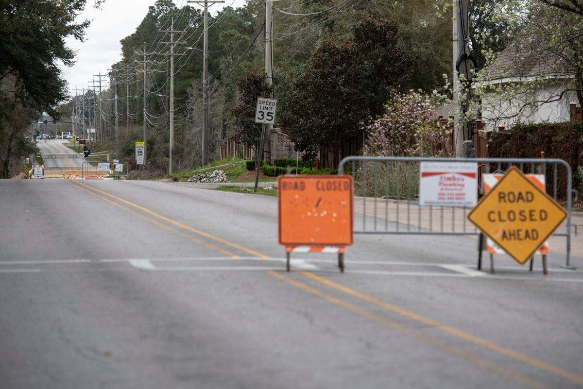 Hanshaw Road in Ocean Springs on Monday, March 10, 2025. The road is closed between Cabildo Place Avenue and Old Spanish Trail.