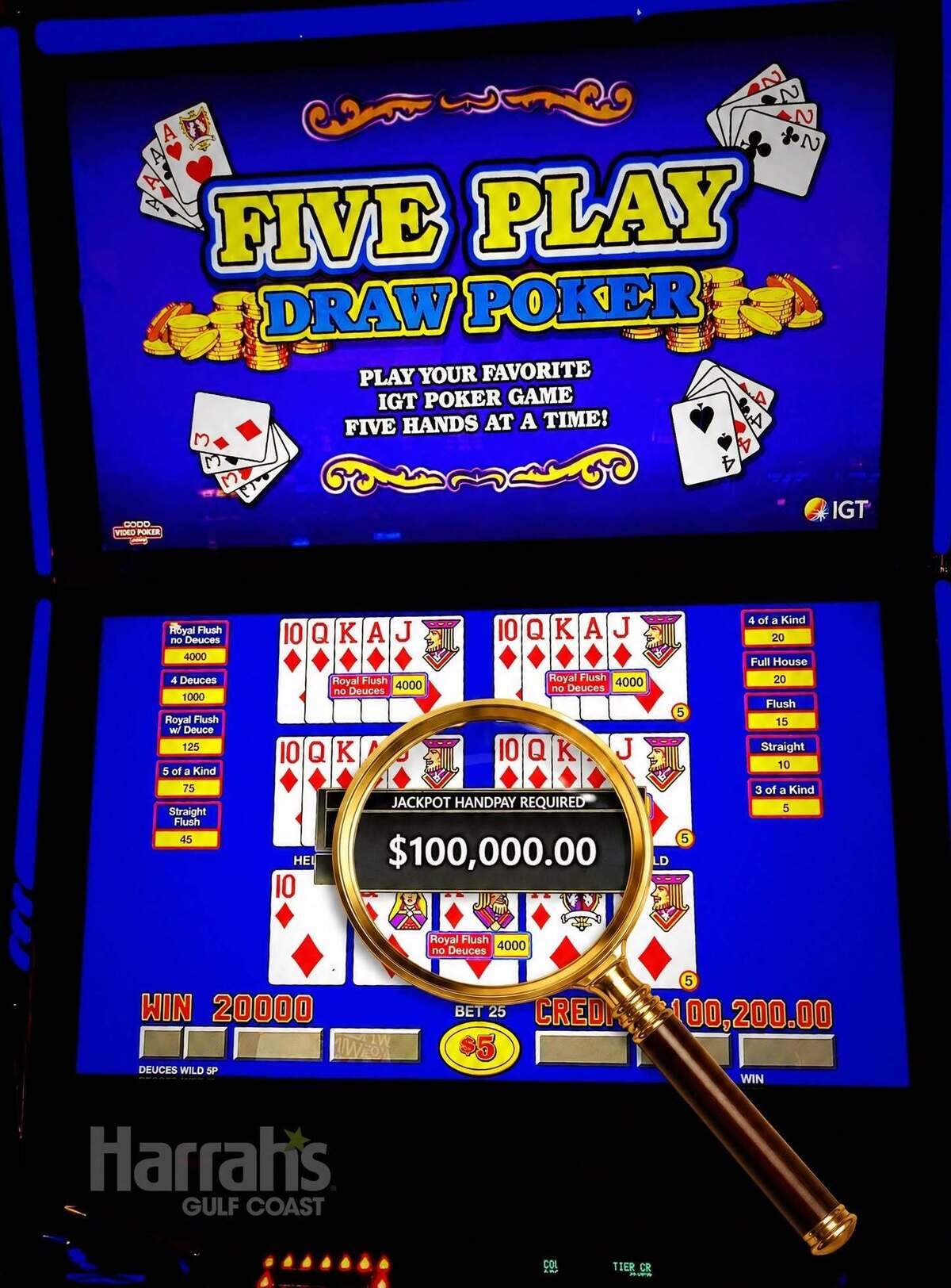 A player from Ocean Springs won $100,000 when they were dealt a royal flush on a video poker machine at Harrah’s Gulf Coast in Biloxi
