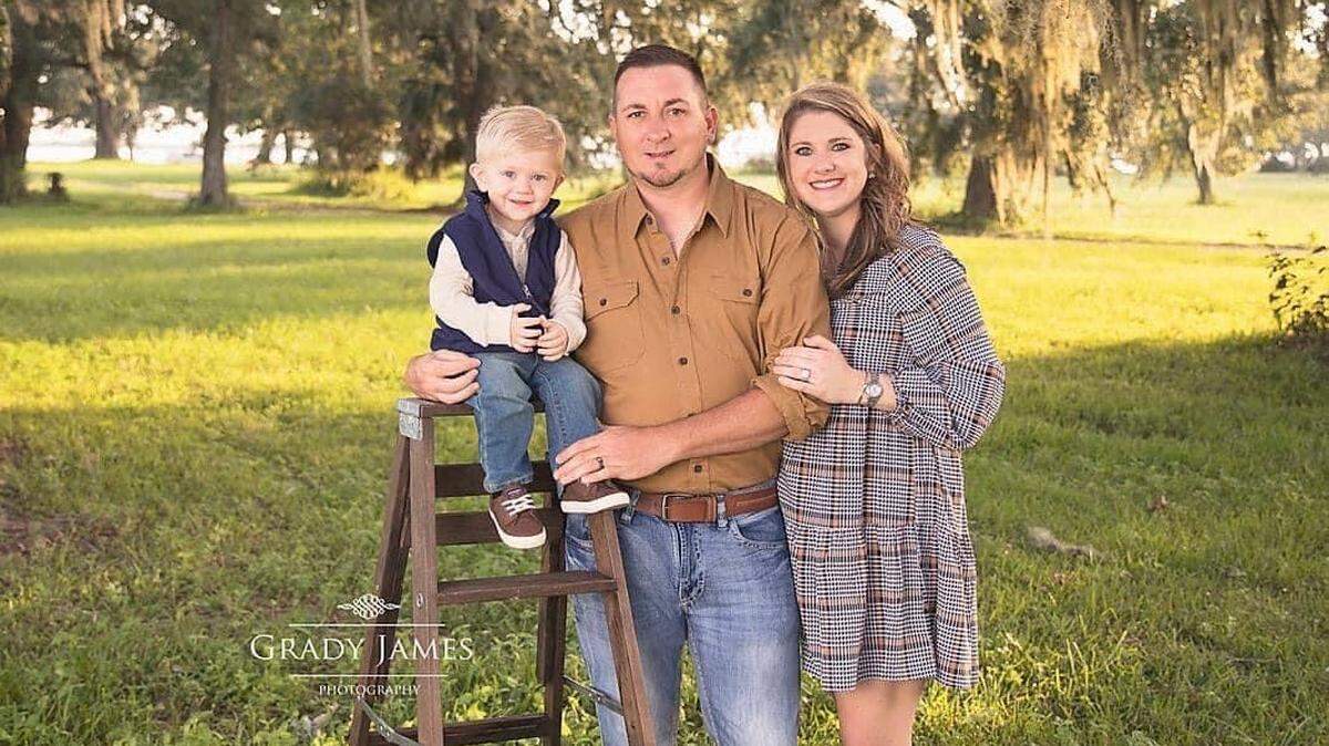 Sawyer Scarborough, pictured with parents David and Lacy Scarborough, died in March 2022 in a drowning. David Scarborough is missing after a helicopter he was on crashed in the Gulf of Mexico.