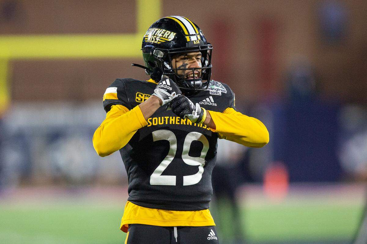 Southern Miss’ Ashton Smith celebrates during the Lending Tree Bowl at Hancock Whitney Stadium in Mobile, Alabama on Saturday, Dec. 17, 2022.