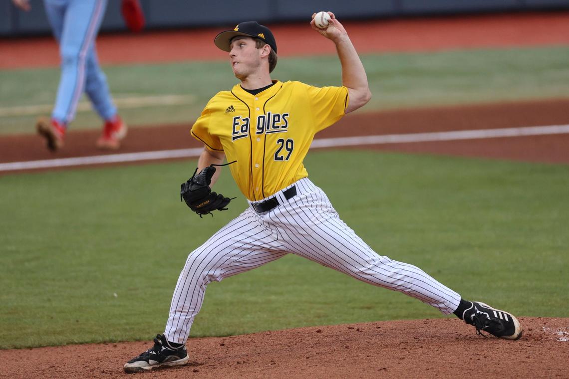 Southern Miss pitcher Chandler Best (29) pitches in the first inning during an NCAA Baseball Oxford Regional game between Ole Miss and Southern Miss at Swayze Field, Oxford, MS, Sunday, June 6, 2021.