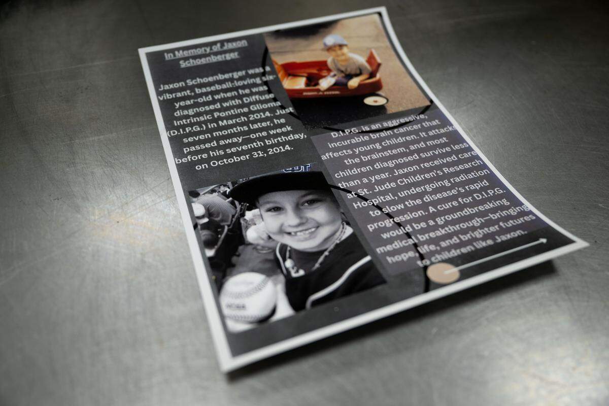 A flyer details the story of Jaxon Schoenberger, who was the inspiration for The Jaxon flavor of frozen custard made at the new Quakes distribution center in Vancleave. The young boy died of DIPG brain cancer and Quakes continues to pay tribute to him.
