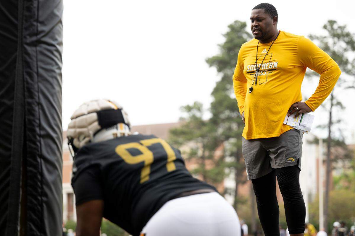 Southern Miss defensive line coach Jerone Steckel coaches his players during spring practice in Hattiesburg on Tuesday, March 24, 2026.