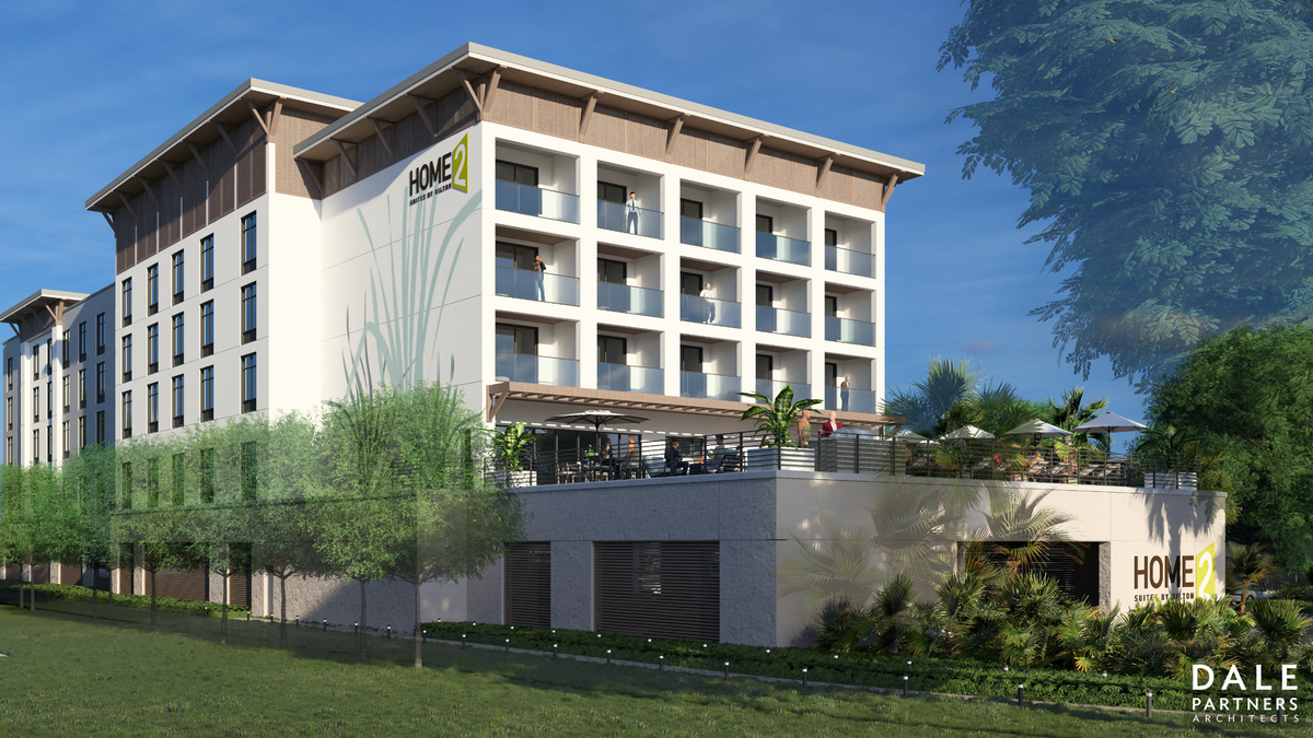 This rendering by Dale Partners Architects shows the Hilton Home 2 Suites hotel planned along Beach Boulevard in East Biloxi. Two protected trees were removed and the hotel was moved to the west side of the property to save six other protected trees.