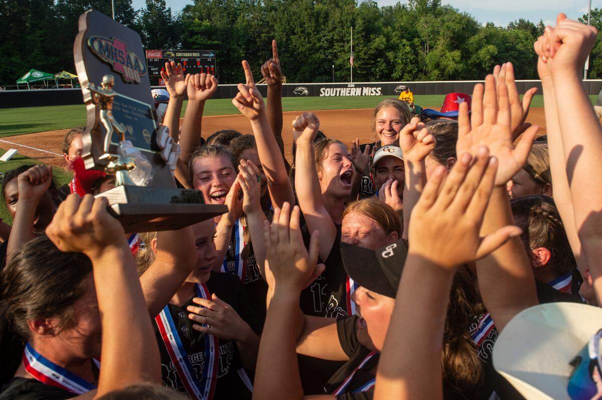 George County Lady Rebels’ celebrate after beating Saltillo in the 5A 2023 MHSAA Softball Championship game at USM Softball Complex in Hattiesburg on Thursday, May 18, 2023.