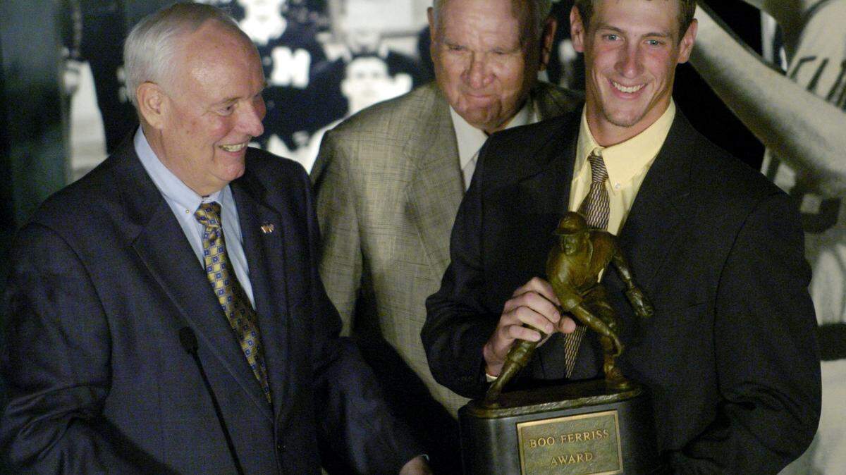 ASSOCIATED PRESS 
 Mississippi's Stephen Head, right, shows off the inaugural Boo Ferriss Award as ceremony guest speaker Con Maloney of Jackson, left, and the award's namesake, Boo Ferriss, center, listen to his acceptance speech May 17, 2004, in Jackson. Maloney, Former Owner of the Jackson Mets and Jackson Generals, the Class AA Affiliates of the New York Mets and Houston Astros, will speak at the 'Our Love Affair with Baseball' luncheon series May 20 at the Ohr-O'Keefe.