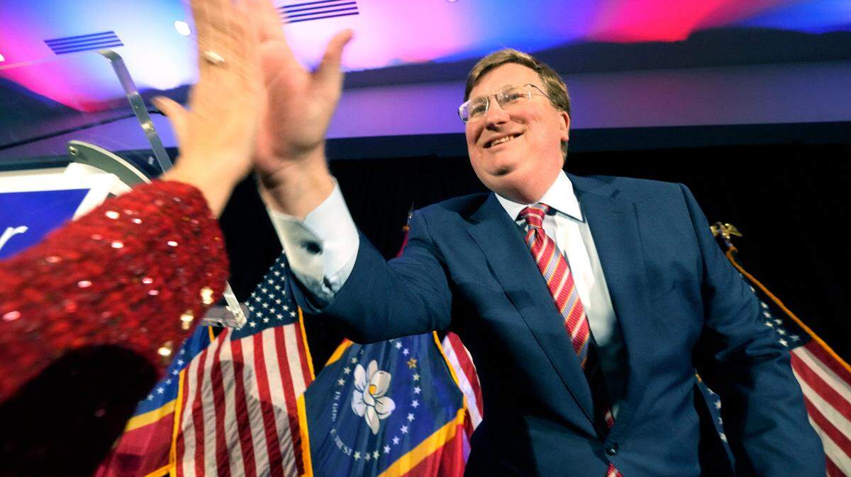 Mississippi Republican Gov. Tate Reeves speaks to supporters at his gubernatorial reelection watch party in Flowood.