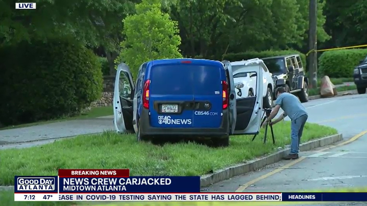 A pregnant news reporter with CBS46 was in the back of the news van when it was carjacked by a woman in midtown Atlanta early Tuesday morning.