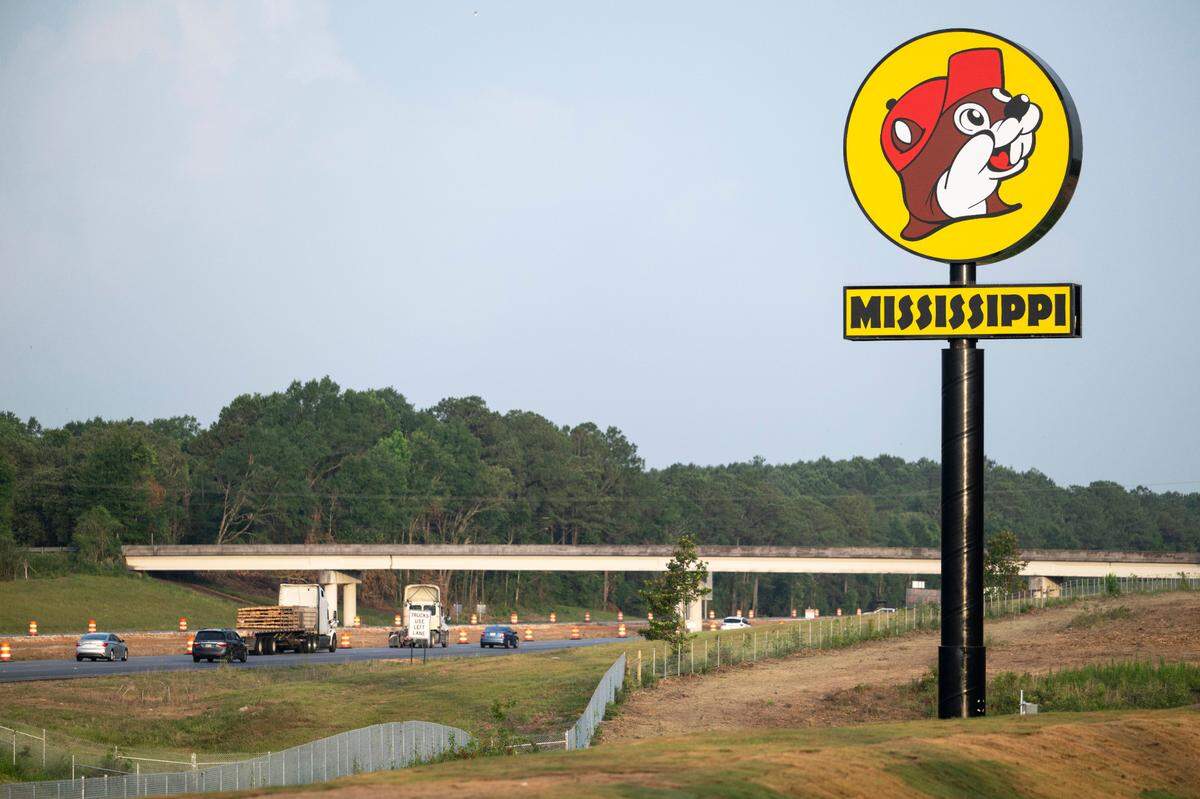 The sign for Buc-ee’s Harrison County location overlooks I-10 on Monday, June 9, 2025.