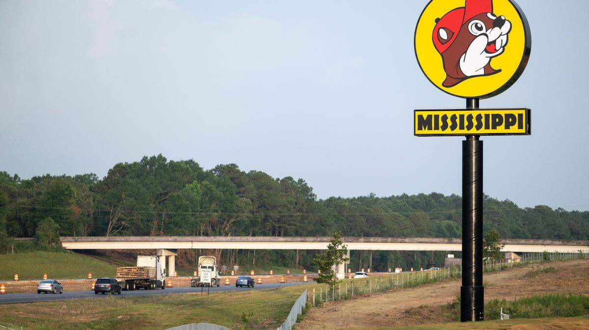 The sign for Buc-ee’s Harrison County location overlooks I-10 on Monday, June 9, 2025.
