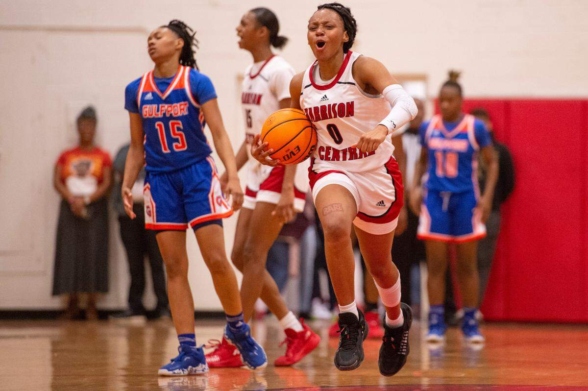 Harrison Central’s Hayleigh Breland celebrates after a foul called on Gulfport during a game against Gulfport at Harrison Central High School in Gulfport on Friday, Feb. 4, 2022.