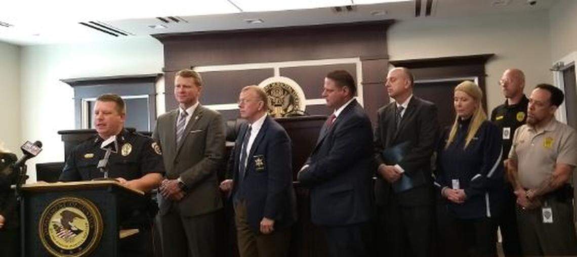 Moss Point Police Chief Brandon Ashley speaks during a press conference Thursday, Feb. 21, 2019, announcing the introduction of a new crime-fighting initiative in the city of Moss Point. Accompanying  him were various local, state and federal officials, including U.S. Attorney Mike Hurst.
