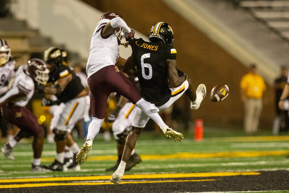 Southern Miss Golden Eagles wide receiver Latreal Jones (6) misses a pass during a game against Texas State at M.M. Roberts Stadium in Hattiesburg on Saturday, Sept. 30, 2023.
