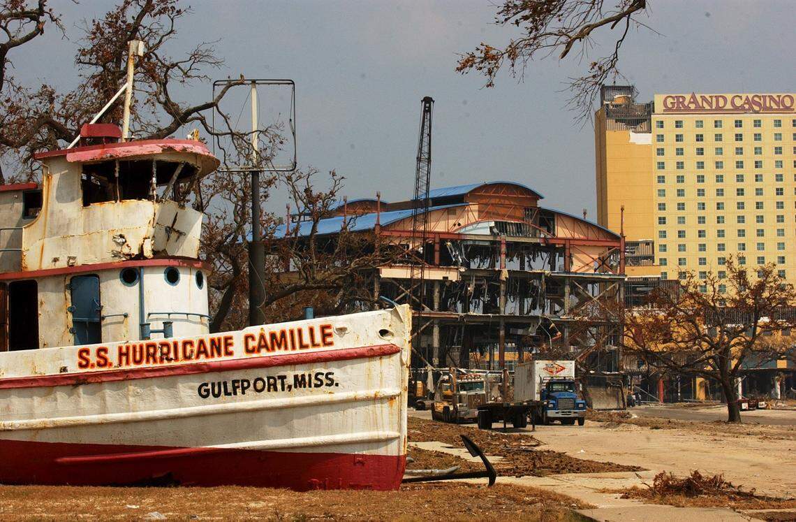 The boat at the S.S. Hurricane Camille Gift Shop on U.S. 90 in Gulfport survived Hurricane Katrina, though the gift shop did not. It was joined on land by part of the Grand Casino's barge, which was later demolished.