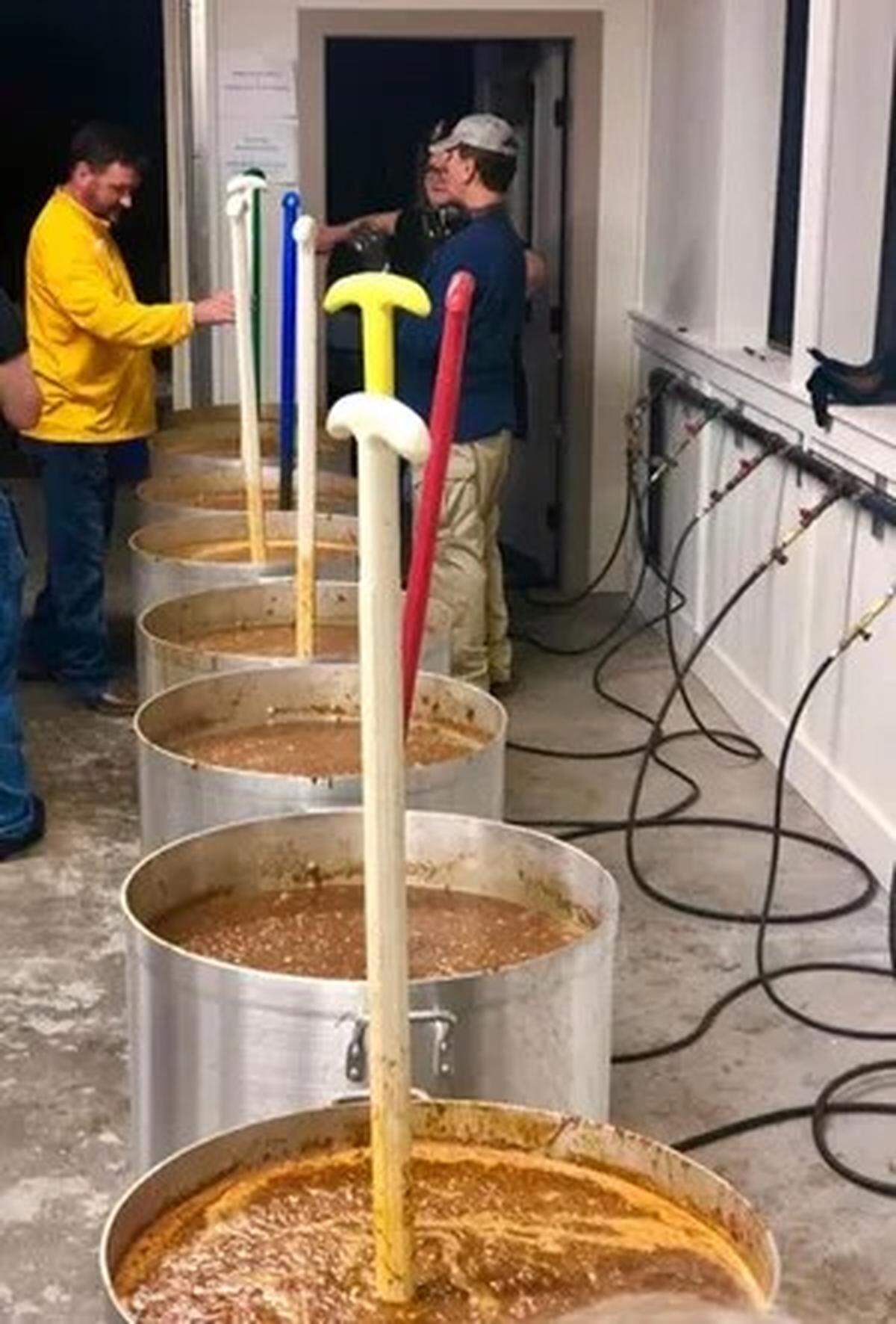 Members of the Episcopal Church of the Ascension in Hattiesburg prepared more than 1,000 quarts of gumbo in January. The gumbo is said to be ready when the stirring paddles stand up in the center of the gumbo.