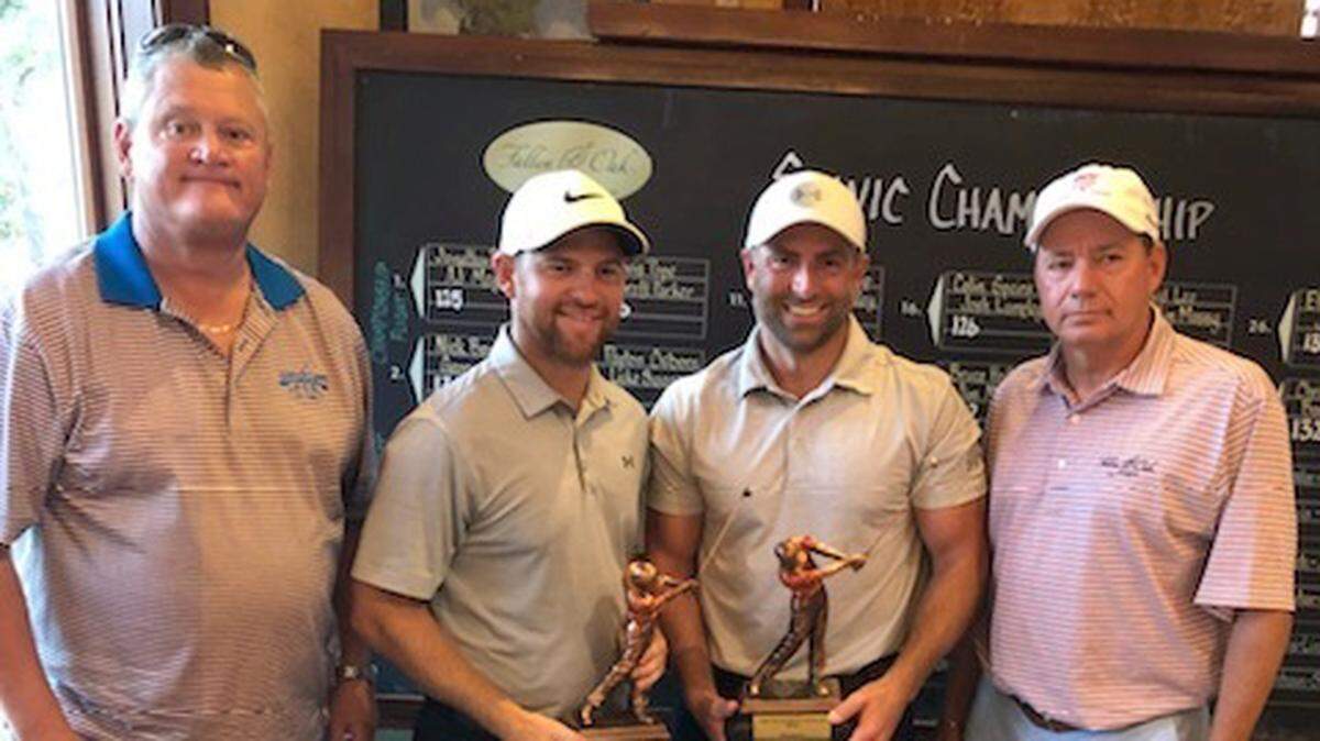 Slavic Invitational officials Wayne Lyons, far left, and David Leckich, far right, with 2018 winners Josh Lampley and Colin Spiers.