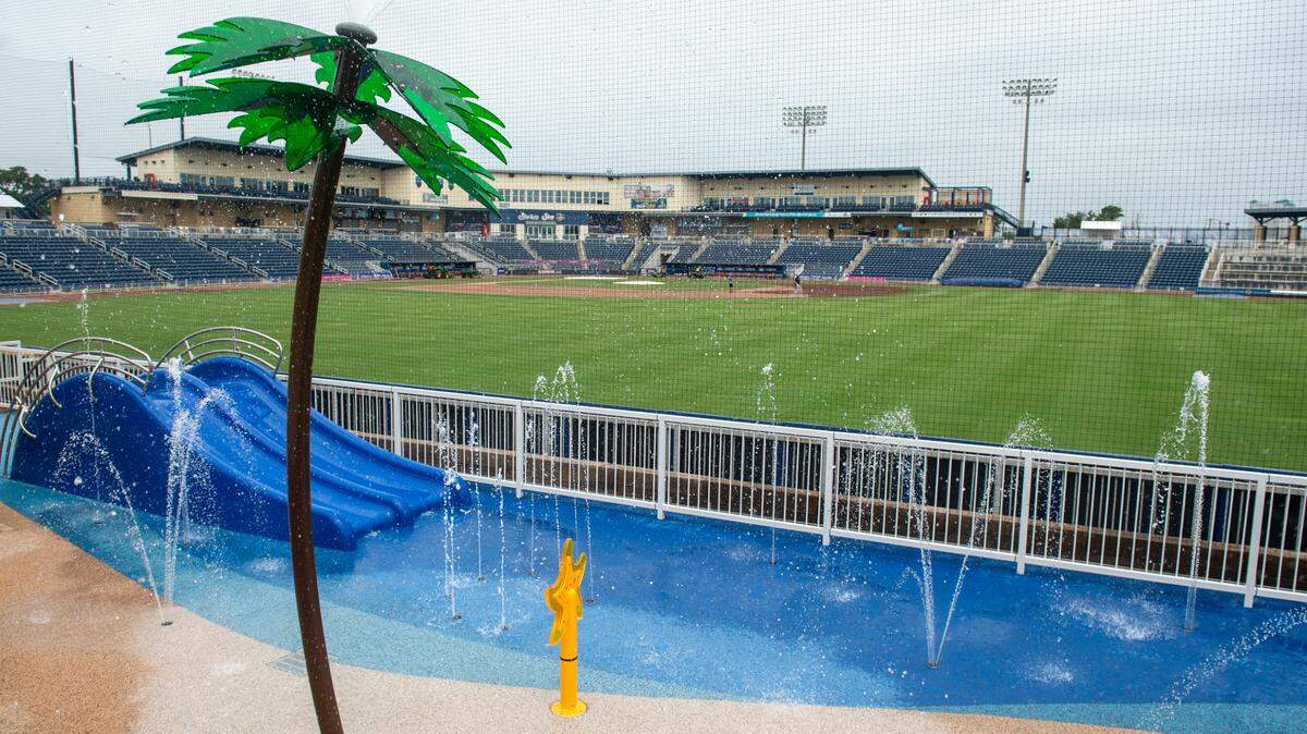 A new splash pad for children on what was the grassy berm at Shuckers Ballpark on Friday, May 10, 2024. The splash pad features over 20 ground sprays and is open during games or for group use on non game days.