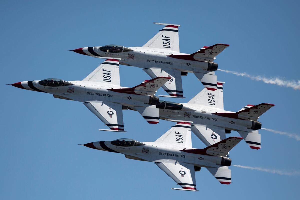 The U.S. Air Force Thunderbirds fly over Biloxi during a practice for the Thunder Over the Sound airshow on Friday, April 28, 2023.
