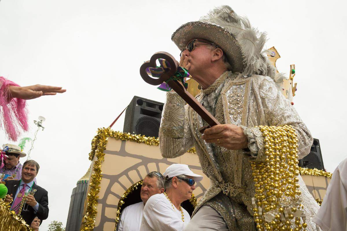 GCCA King d’Iberville John William Atherton accepts the Key to the City of Biloxi on Mardi Gras, Tuesday, Feb. 25, 2020.