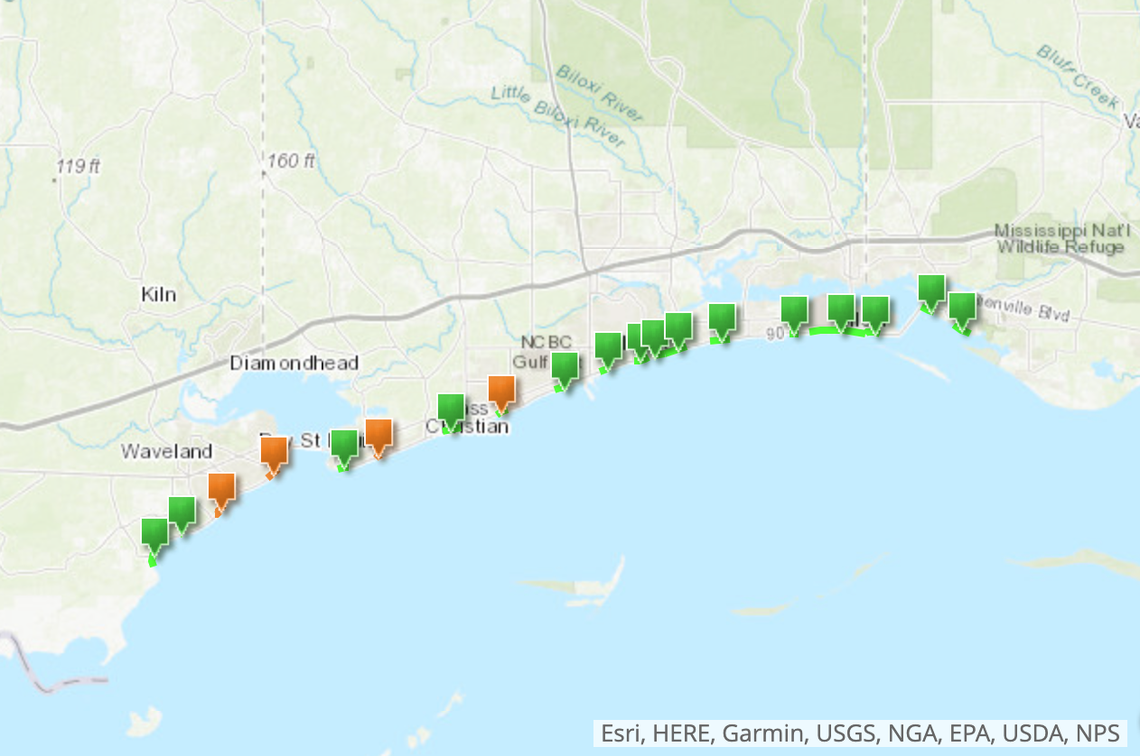 The Mississippi Department of Environmental Quality issued water contact advisories at four Mississippi Coast beaches. The beaches under advisories are marked in orange.
